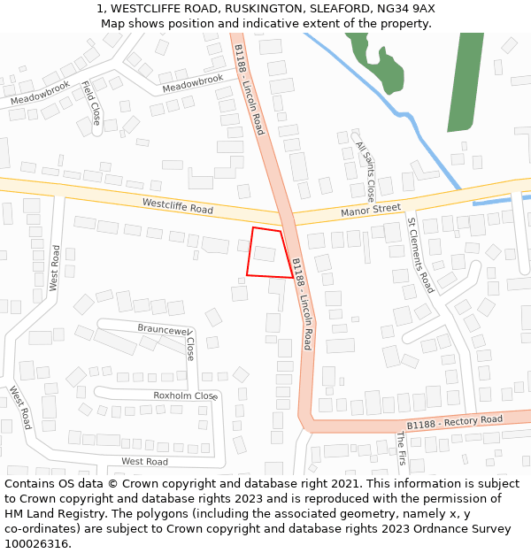 1, WESTCLIFFE ROAD, RUSKINGTON, SLEAFORD, NG34 9AX: Location map and indicative extent of plot