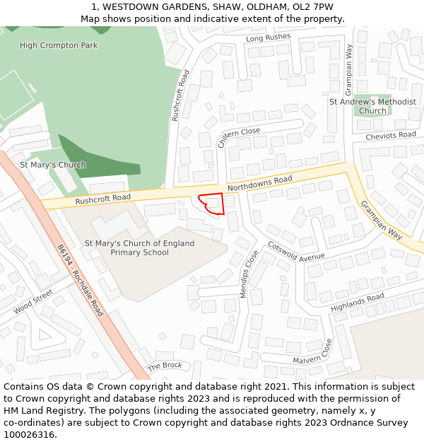 1, WESTDOWN GARDENS, SHAW, OLDHAM, OL2 7PW: Location map and indicative extent of plot