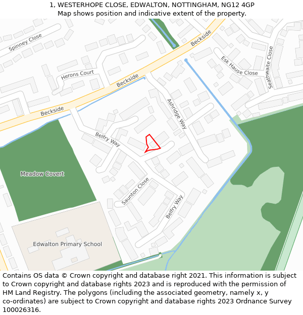 1, WESTERHOPE CLOSE, EDWALTON, NOTTINGHAM, NG12 4GP: Location map and indicative extent of plot