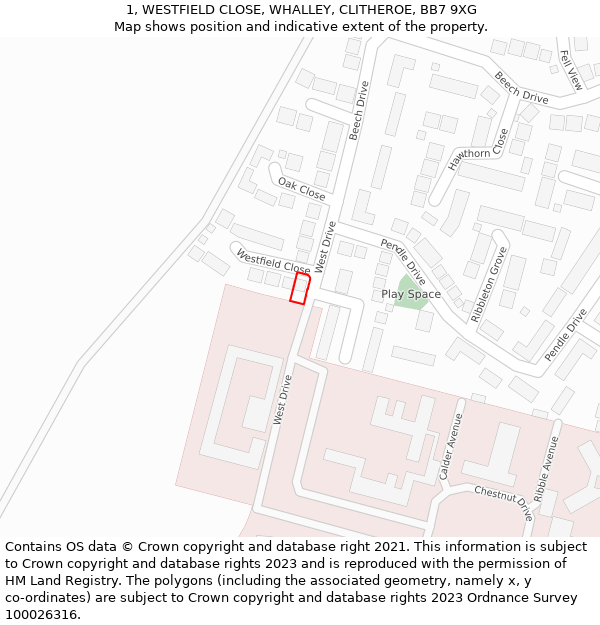 1, WESTFIELD CLOSE, WHALLEY, CLITHEROE, BB7 9XG: Location map and indicative extent of plot