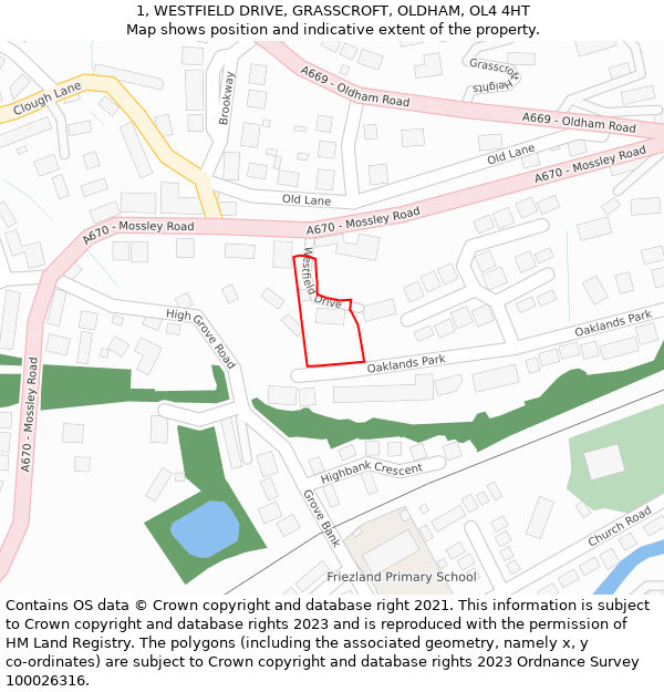 1, WESTFIELD DRIVE, GRASSCROFT, OLDHAM, OL4 4HT: Location map and indicative extent of plot