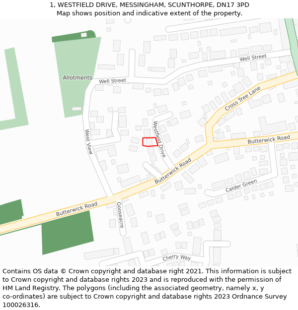 1, WESTFIELD DRIVE, MESSINGHAM, SCUNTHORPE, DN17 3PD: Location map and indicative extent of plot