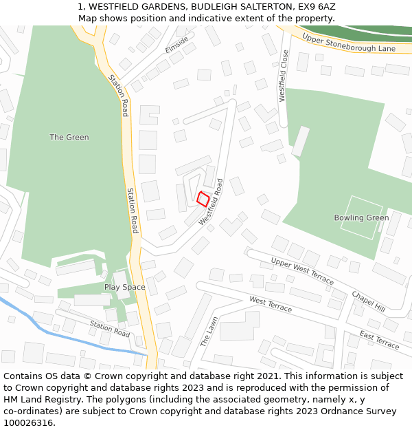 1, WESTFIELD GARDENS, BUDLEIGH SALTERTON, EX9 6AZ: Location map and indicative extent of plot