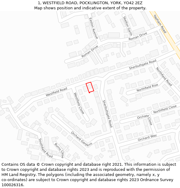 1, WESTFIELD ROAD, POCKLINGTON, YORK, YO42 2EZ: Location map and indicative extent of plot