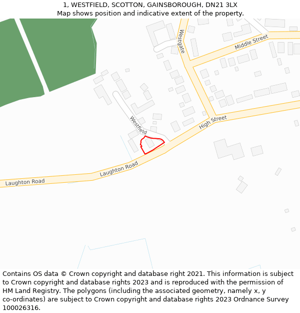 1, WESTFIELD, SCOTTON, GAINSBOROUGH, DN21 3LX: Location map and indicative extent of plot