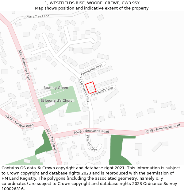 1, WESTFIELDS RISE, WOORE, CREWE, CW3 9SY: Location map and indicative extent of plot