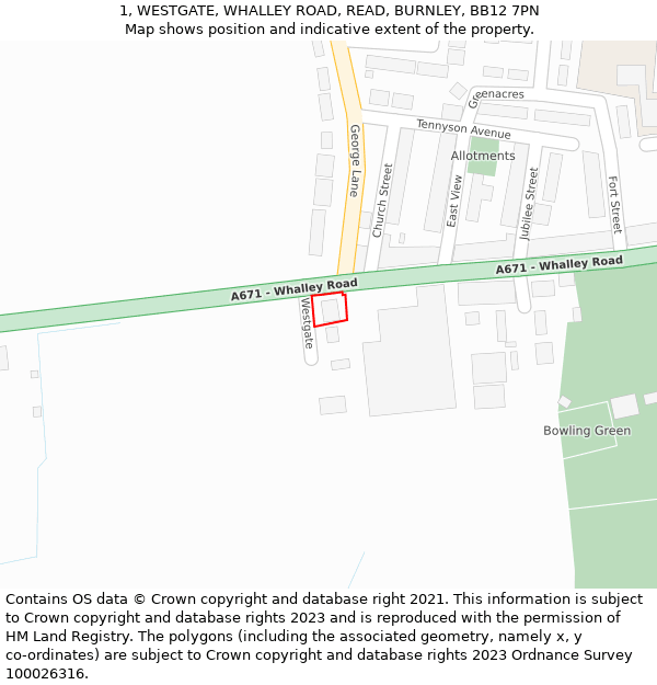 1, WESTGATE, WHALLEY ROAD, READ, BURNLEY, BB12 7PN: Location map and indicative extent of plot