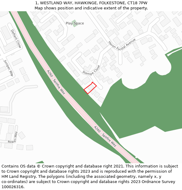 1, WESTLAND WAY, HAWKINGE, FOLKESTONE, CT18 7PW: Location map and indicative extent of plot