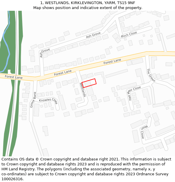 1, WESTLANDS, KIRKLEVINGTON, YARM, TS15 9NF: Location map and indicative extent of plot