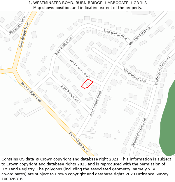 1, WESTMINSTER ROAD, BURN BRIDGE, HARROGATE, HG3 1LS: Location map and indicative extent of plot