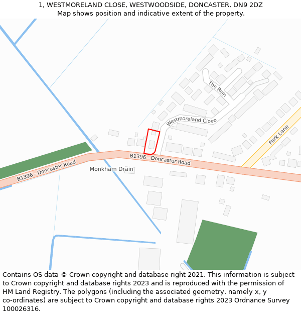 1, WESTMORELAND CLOSE, WESTWOODSIDE, DONCASTER, DN9 2DZ: Location map and indicative extent of plot