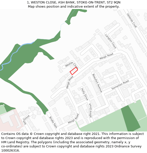 1, WESTON CLOSE, ASH BANK, STOKE-ON-TRENT, ST2 9QN: Location map and indicative extent of plot