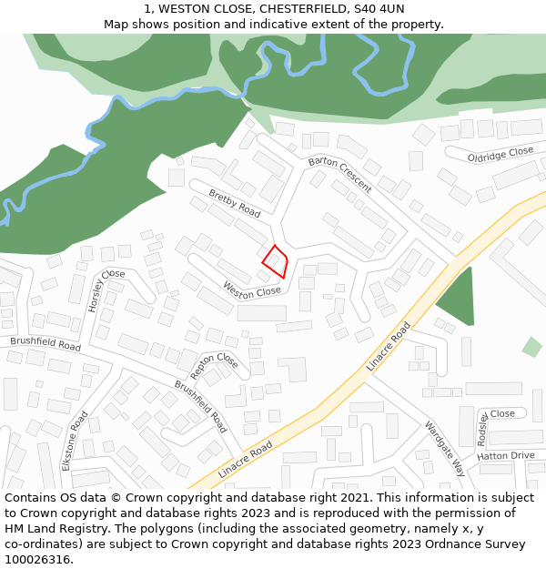 1, WESTON CLOSE, CHESTERFIELD, S40 4UN: Location map and indicative extent of plot