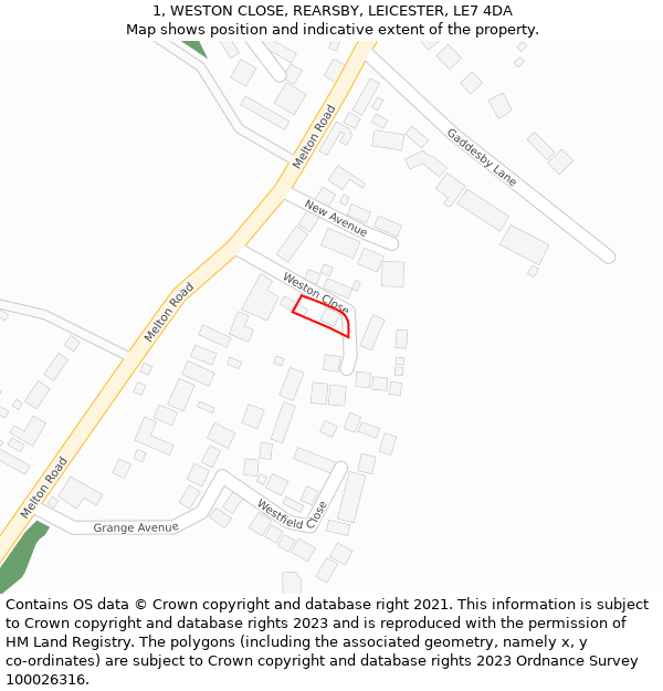 1, WESTON CLOSE, REARSBY, LEICESTER, LE7 4DA: Location map and indicative extent of plot