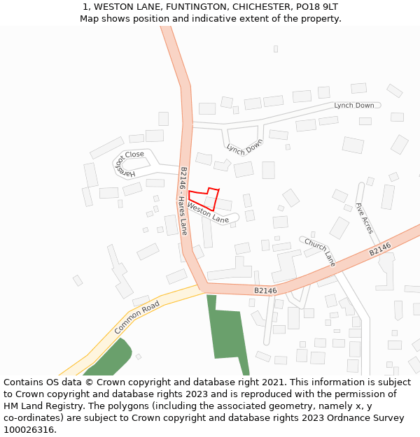 1, WESTON LANE, FUNTINGTON, CHICHESTER, PO18 9LT: Location map and indicative extent of plot