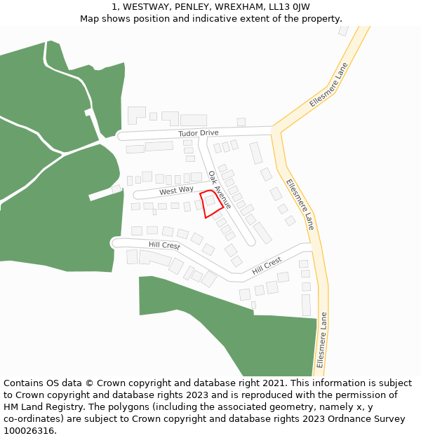 1, WESTWAY, PENLEY, WREXHAM, LL13 0JW: Location map and indicative extent of plot