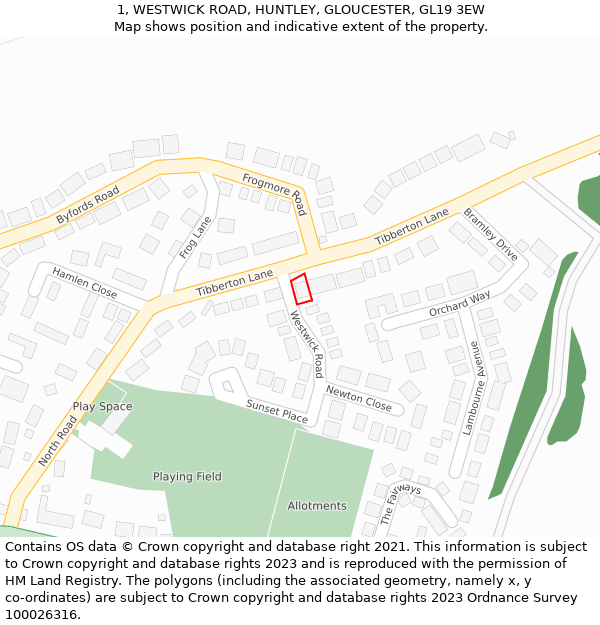 1, WESTWICK ROAD, HUNTLEY, GLOUCESTER, GL19 3EW: Location map and indicative extent of plot