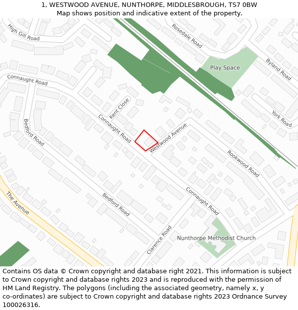 1, WESTWOOD AVENUE, NUNTHORPE, MIDDLESBROUGH, TS7 0BW: Location map and indicative extent of plot