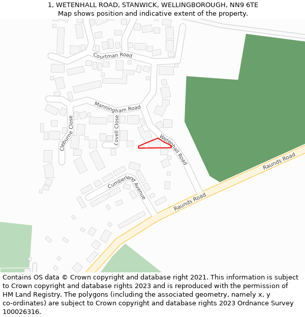 1, WETENHALL ROAD, STANWICK, WELLINGBOROUGH, NN9 6TE: Location map and indicative extent of plot