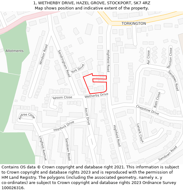1, WETHERBY DRIVE, HAZEL GROVE, STOCKPORT, SK7 4RZ: Location map and indicative extent of plot