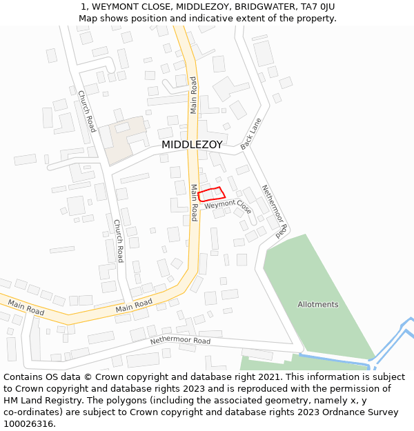 1, WEYMONT CLOSE, MIDDLEZOY, BRIDGWATER, TA7 0JU: Location map and indicative extent of plot