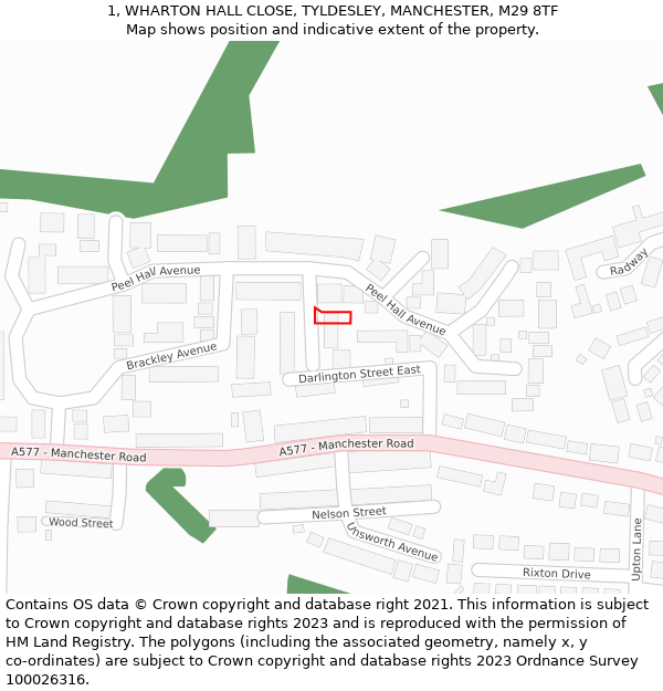 1, WHARTON HALL CLOSE, TYLDESLEY, MANCHESTER, M29 8TF: Location map and indicative extent of plot