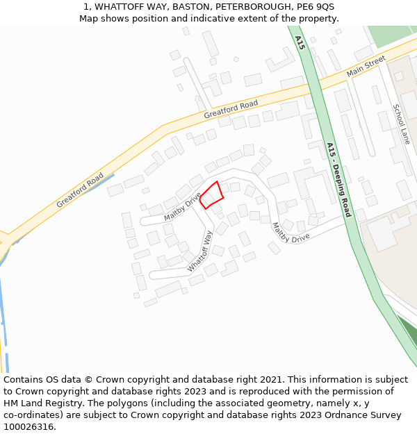 1, WHATTOFF WAY, BASTON, PETERBOROUGH, PE6 9QS: Location map and indicative extent of plot