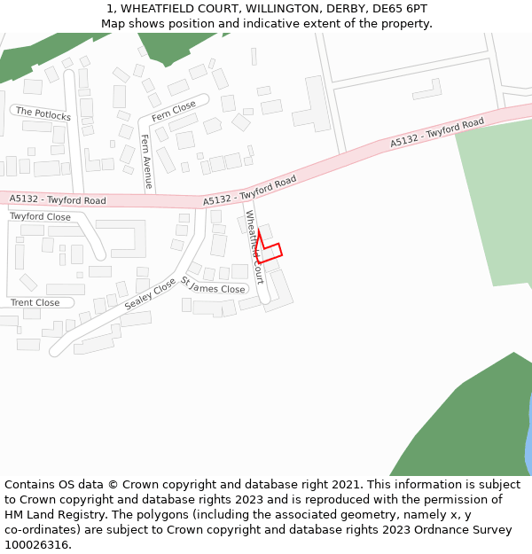 1, WHEATFIELD COURT, WILLINGTON, DERBY, DE65 6PT: Location map and indicative extent of plot