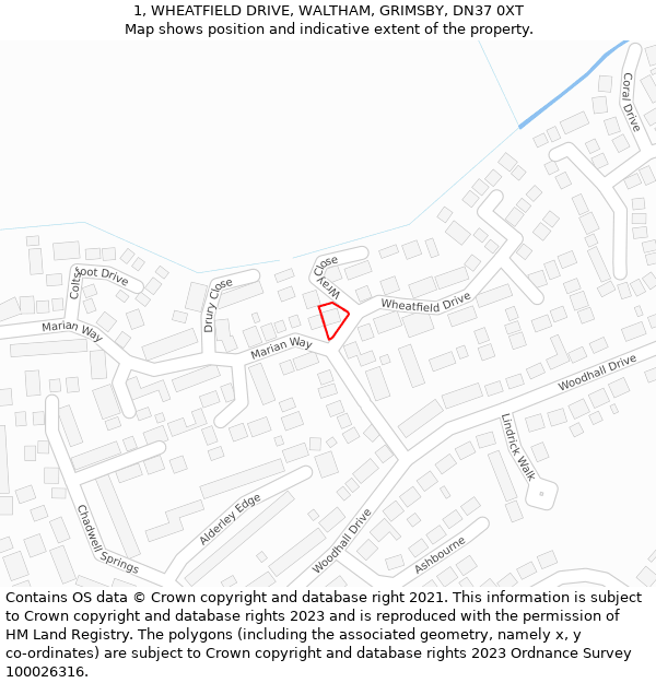 1, WHEATFIELD DRIVE, WALTHAM, GRIMSBY, DN37 0XT: Location map and indicative extent of plot