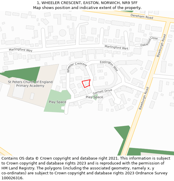 1, WHEELER CRESCENT, EASTON, NORWICH, NR9 5FF: Location map and indicative extent of plot
