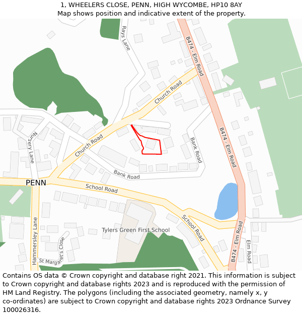 1, WHEELERS CLOSE, PENN, HIGH WYCOMBE, HP10 8AY: Location map and indicative extent of plot