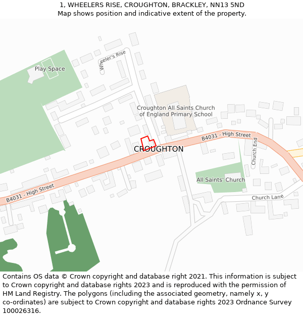 1, WHEELERS RISE, CROUGHTON, BRACKLEY, NN13 5ND: Location map and indicative extent of plot