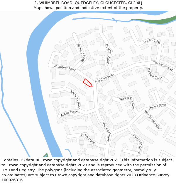 1, WHIMBREL ROAD, QUEDGELEY, GLOUCESTER, GL2 4LJ: Location map and indicative extent of plot