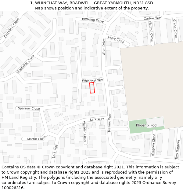 1, WHINCHAT WAY, BRADWELL, GREAT YARMOUTH, NR31 8SD: Location map and indicative extent of plot