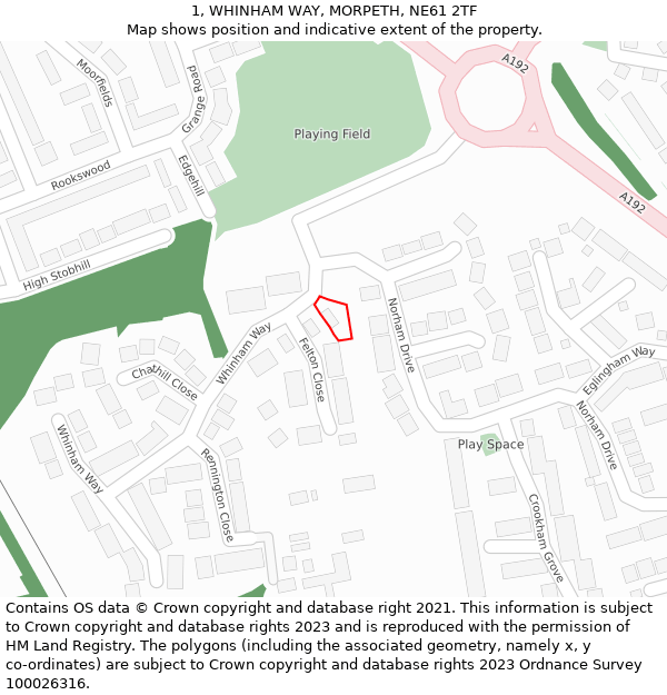 1, WHINHAM WAY, MORPETH, NE61 2TF: Location map and indicative extent of plot