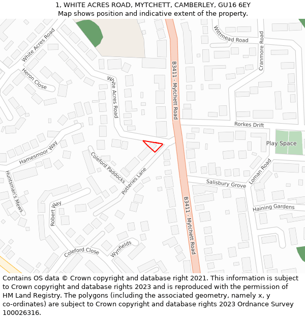 1, WHITE ACRES ROAD, MYTCHETT, CAMBERLEY, GU16 6EY: Location map and indicative extent of plot