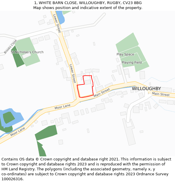 1, WHITE BARN CLOSE, WILLOUGHBY, RUGBY, CV23 8BG: Location map and indicative extent of plot