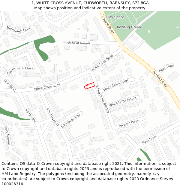 1, WHITE CROSS AVENUE, CUDWORTH, BARNSLEY, S72 8GA: Location map and indicative extent of plot