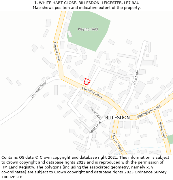 1, WHITE HART CLOSE, BILLESDON, LEICESTER, LE7 9AU: Location map and indicative extent of plot