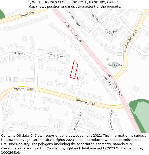 1, WHITE HORSES CLOSE, BODICOTE, BANBURY, OX15 4FJ: Location map and indicative extent of plot