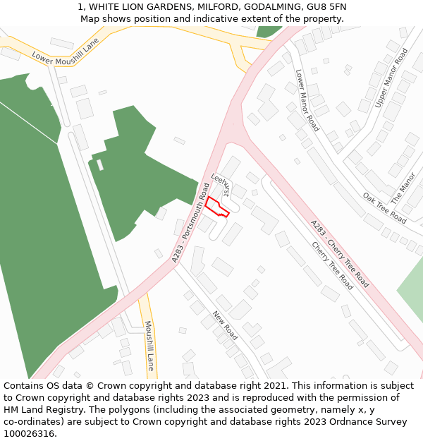 1, WHITE LION GARDENS, MILFORD, GODALMING, GU8 5FN: Location map and indicative extent of plot