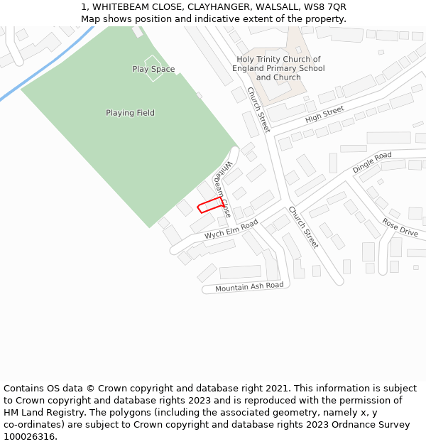 1, WHITEBEAM CLOSE, CLAYHANGER, WALSALL, WS8 7QR: Location map and indicative extent of plot