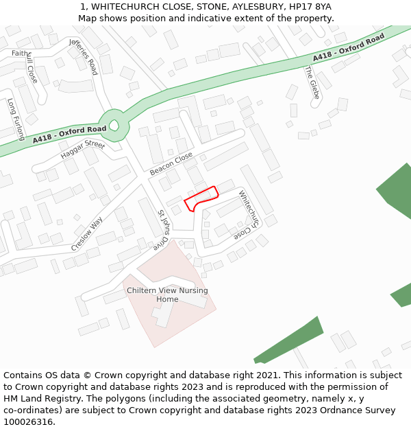 1, WHITECHURCH CLOSE, STONE, AYLESBURY, HP17 8YA: Location map and indicative extent of plot