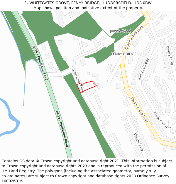 1, WHITEGATES GROVE, FENAY BRIDGE, HUDDERSFIELD, HD8 0BW: Location map and indicative extent of plot
