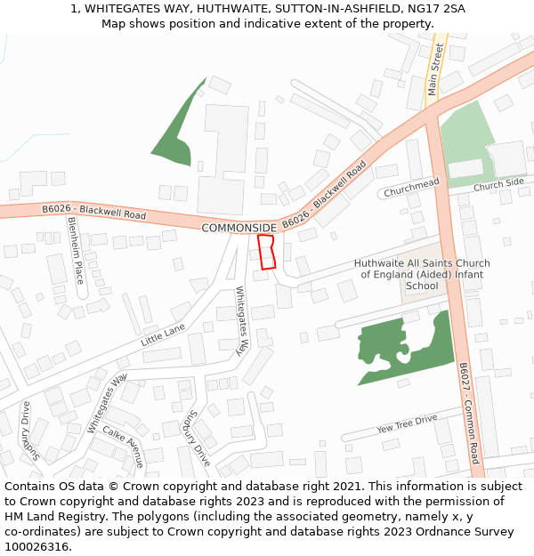 1, WHITEGATES WAY, HUTHWAITE, SUTTON-IN-ASHFIELD, NG17 2SA: Location map and indicative extent of plot