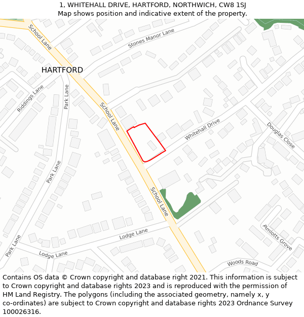 1, WHITEHALL DRIVE, HARTFORD, NORTHWICH, CW8 1SJ: Location map and indicative extent of plot