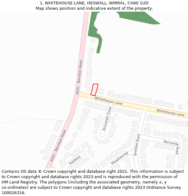 1, WHITEHOUSE LANE, HESWALL, WIRRAL, CH60 1UD: Location map and indicative extent of plot