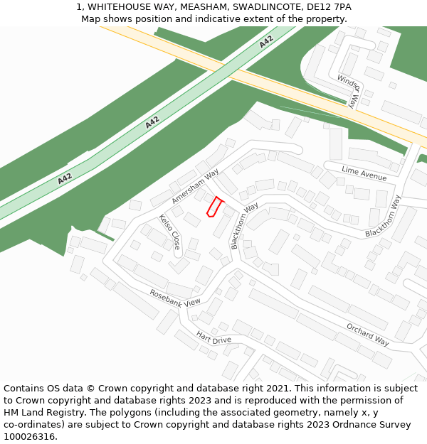 1, WHITEHOUSE WAY, MEASHAM, SWADLINCOTE, DE12 7PA: Location map and indicative extent of plot