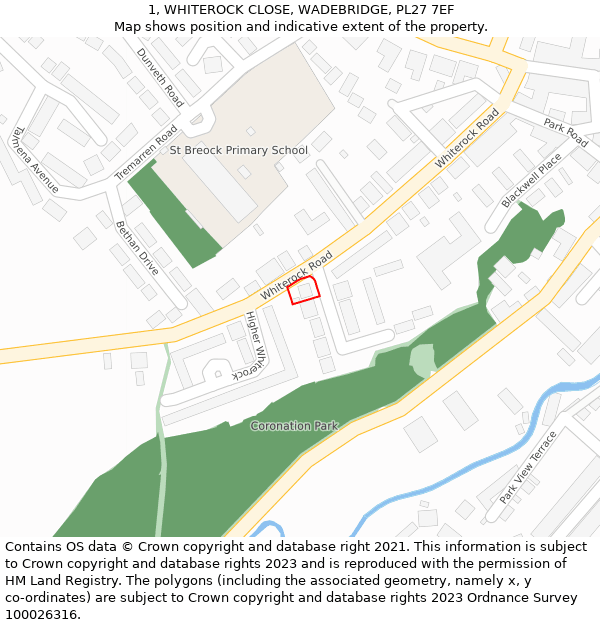 1, WHITEROCK CLOSE, WADEBRIDGE, PL27 7EF: Location map and indicative extent of plot