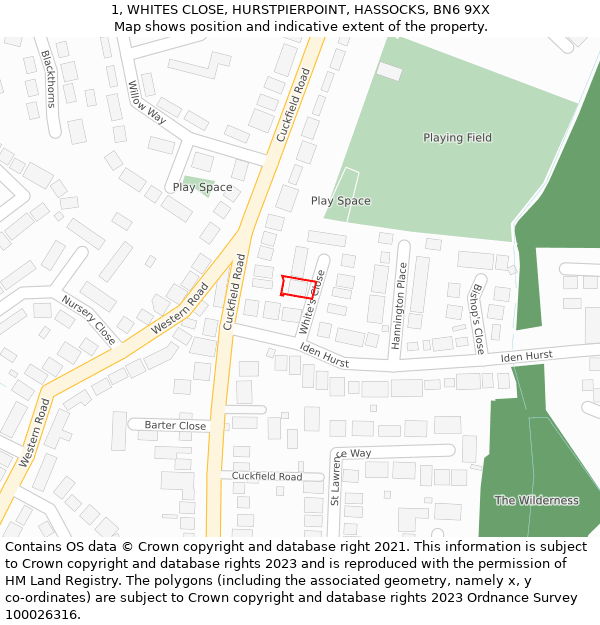 1, WHITES CLOSE, HURSTPIERPOINT, HASSOCKS, BN6 9XX: Location map and indicative extent of plot